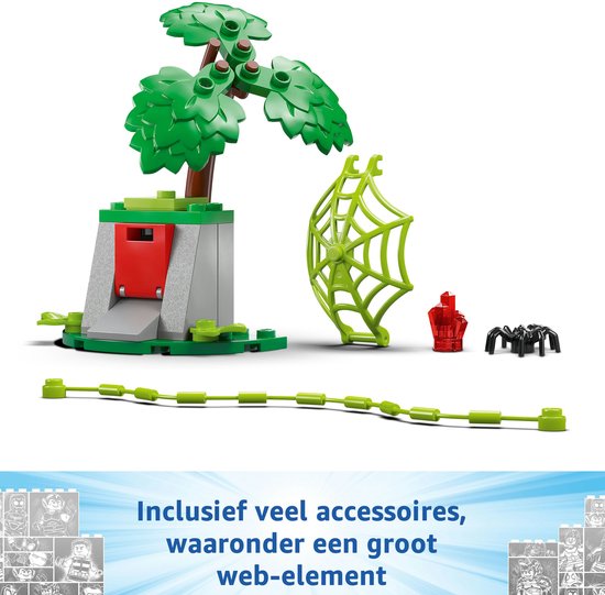 LEGO-onderdelen: palmboom, spinnenweb, minivfiguren, spinnen en een web-element.