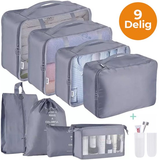 24Supply Cubes d'emballage Compression - 9 pièces - Grijs - Cube de compression - Set d'organisation pour valise
