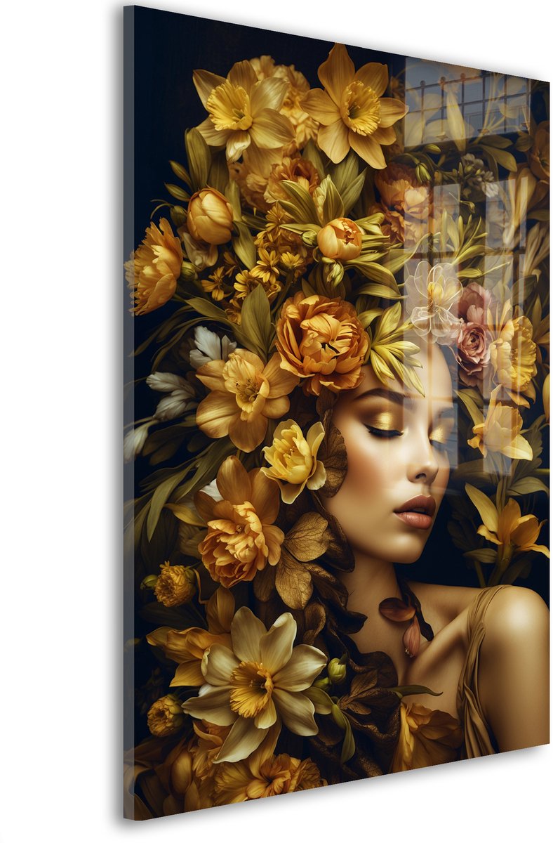 Glasschilderij Bloemen van Goud - 90 x 60 cm - Vrouw - Bloemen en Planten - Acrylaat - Inclusief wandbevestiging - Foto op plexiglas - Wanddecoratie woonkamer – Modern – Portretten