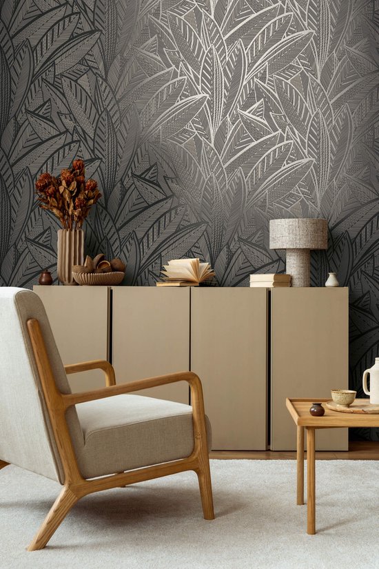 Papier peint graphique Profhome 399334-GU papier peint intissé légèrement structuré avec motif floral noir brillant argent anthracite 5,33 m2