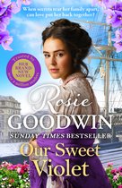 Vrouw in historisch kostuum met paars sjaal, voor een zeilschip en gebouw, met tekst 'Our Sweet Violet'.