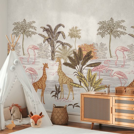 Papier peint photo Profhome 398751-GU papier peint intissé vinyle rigide marquage à chaud en relief lisse avec motif enfant mat crème beige marron rose 1,59 m x 2,8 m