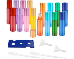 16 Colourful Roll-on Bottles Empty with Stainless Steel Roller 10ml Glass Essential Oil Bottles with Opener for Essential Oils Perfumes Aromatherapy Blends Pack