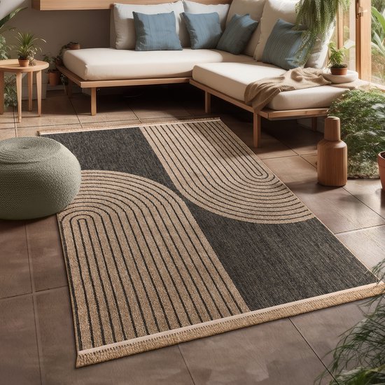 Tapis d'intérieur et d'extérieur en jute Flycarpets Colinna, anthracite/beige, 160 x 220 cm, tapis d'extérieur à poils ras Japandi, tapis de jardin