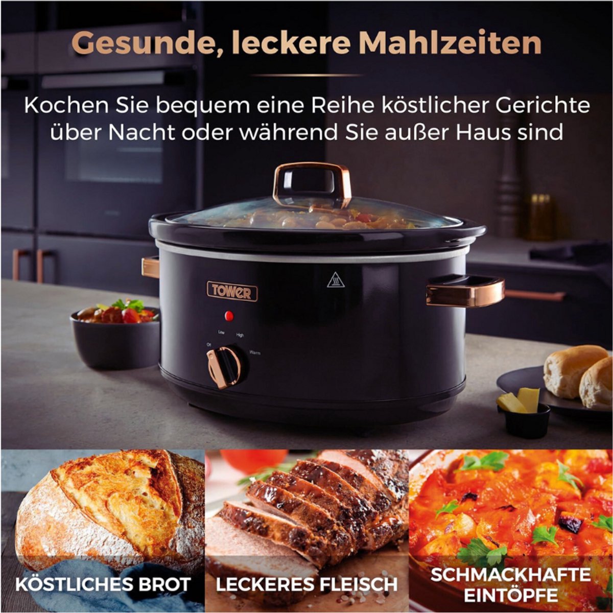 Infinity Slowcooker - 6.5L - 270W - 3 Kookstanden - Warmhoudfunctie - Zwart En Roségoud - Huishoudelijke Apparaten – foto 2