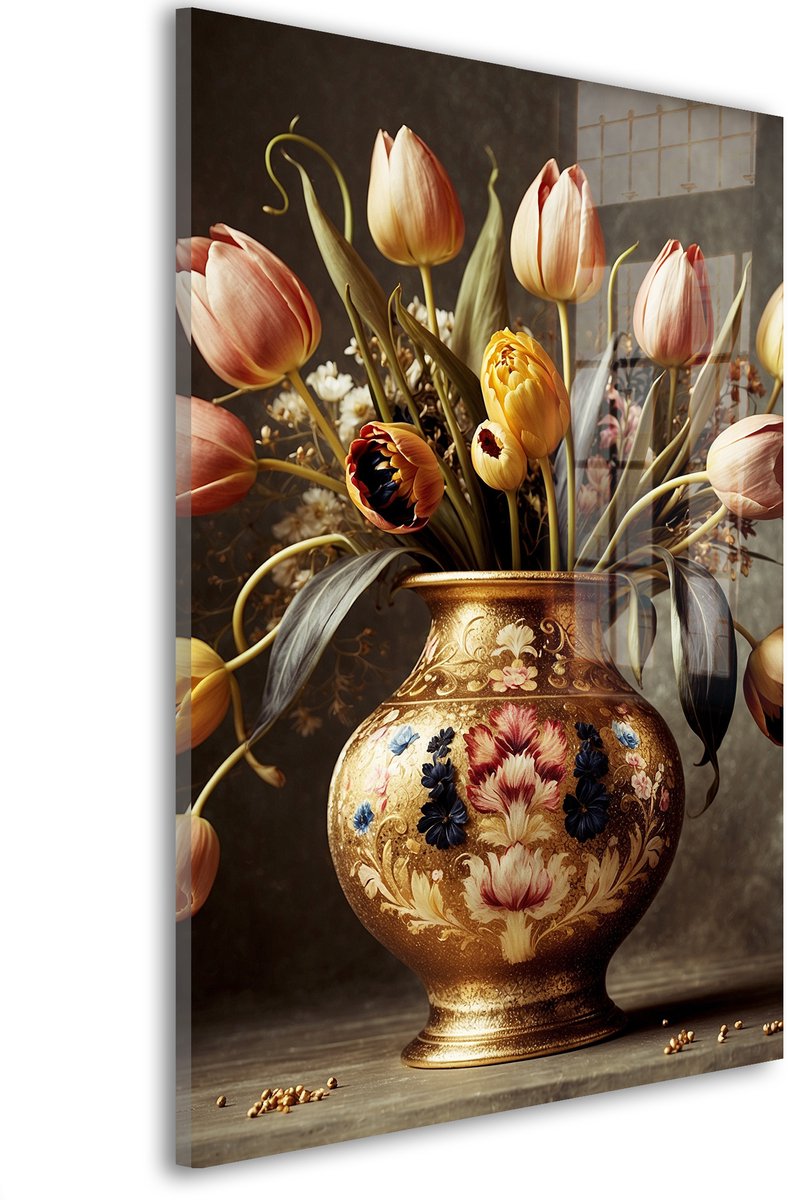 Glasschilderij Gouden tulpenschilderij - 30 x 20 cm - Vaas - Bloemen en Planten - Acrylaat - Inclusief wandbevestiging - Foto op plexiglas - Wanddecoratie woonkamer
