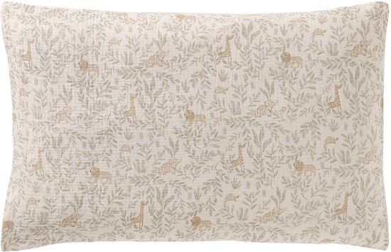 Kussensloop met een beige print van safaridieren en bladeren.