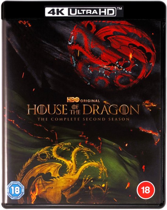 4K Ultra HD Blu-ray hoes met rode en gele draken. House of the Dragon, The Complete Second Season.