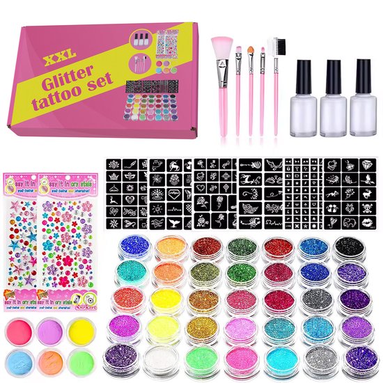 XXL Glitter tattoo set met biologisch afbreekbare glitters - Festival glitters - Geschikt voor kinderen en volwassenen - Carnaval - Knutselen voor kinderen
