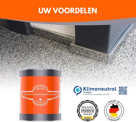 Oranje verfemmer met Bekateq logo en teksten "Steinteppich Versiegelung" en "Klimaneutral".