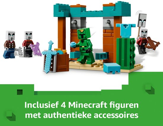 LEGO Minecraft-set: Illagers en groene mob bij schatkist, 'Inclusief 4 Minecraft figuren met authentieke accessoires'.