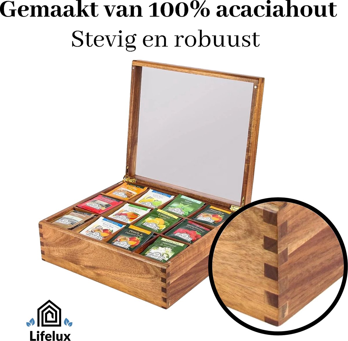 LifeLux Luxe Acaciahouten Theebox – 12 Vakken | Duurzame Houten Theedoos met Transparante Bovenkant | Stijlvolle Opbergdoos voor Theezakjes — cadeau in Wonen & Interieur - foto 6
