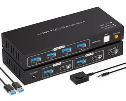 NÖRDIC KVM-154 KVM Switch - HDMI naar USB - 8K60Hz 4K120Hz, 4xUSB 3.1 - HDCP2.3 - HDR10 - 2 PC's op 1 Monitor - Zwart