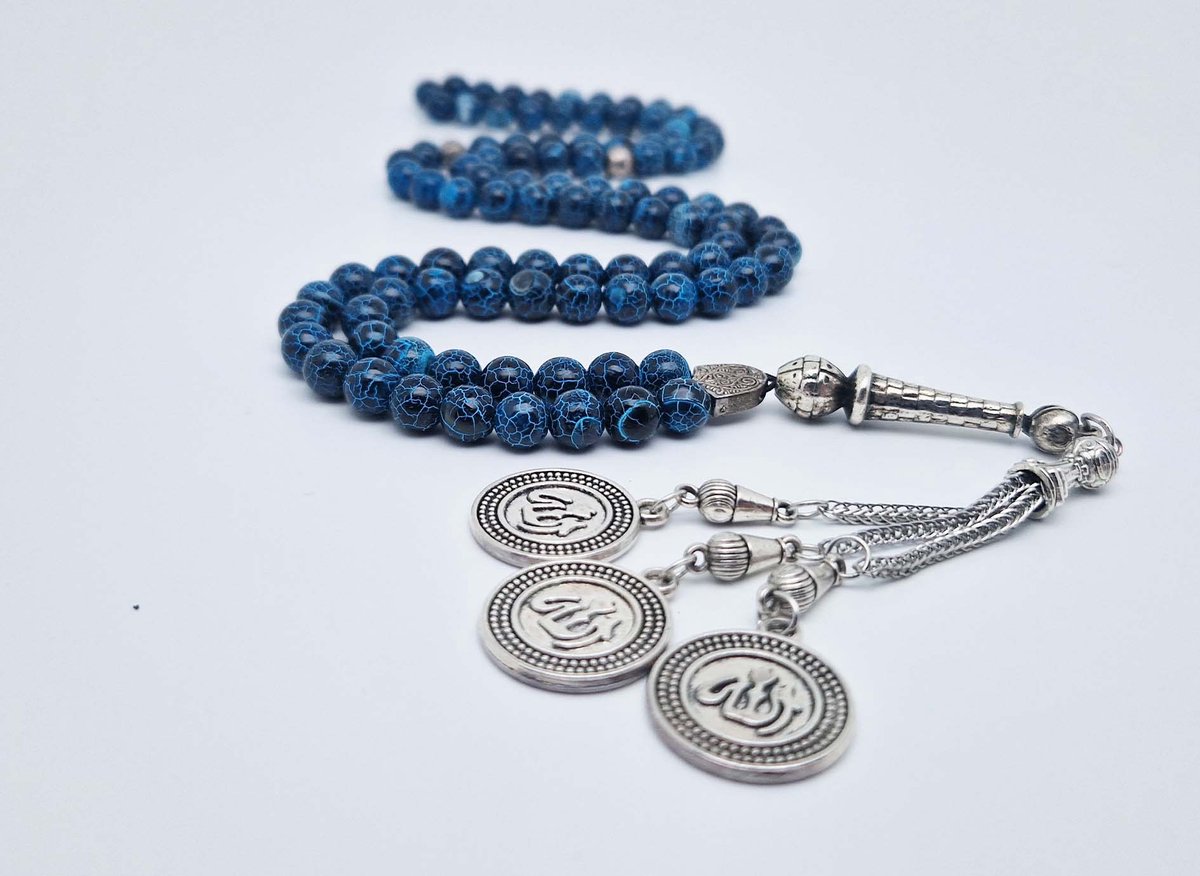 Handgemaakte tesbih "Tasbih" natuursteen " Blauwe harmonie" - Aantal kralen 99 - Diameter kralen 8MM - met metaal tassel "Allah Alwahid" - Een mooi cadeau-idee