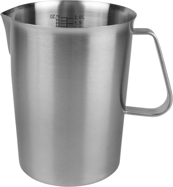 Foto: Maatbeker met schenktuit maatcups met schaal 2 liter maatcupjes maatbekers meetbeker cups maatkan measuring cup 304 rvs 14 5 x 17 x 14 5 cm lx b x h zilver voor precies wegen en meten voor espressomachines latte art melk