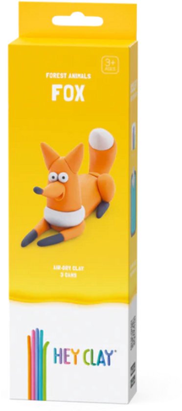 Gele doos met een speelse vos afgebeeld. 'Forest Animals FOX' en 'Air-Dry Clay 3 Cans'.