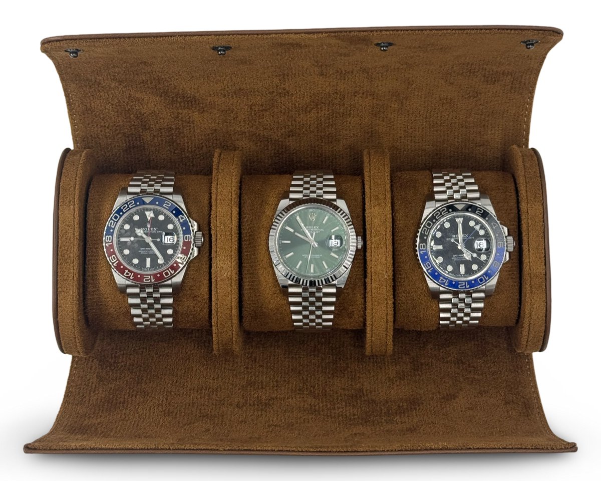 Pretty Goods Vintage - Sieradenopbergdoos- Watch Roll - Reisaccessoires - Leer Suede - 3 Horloges - Bruin