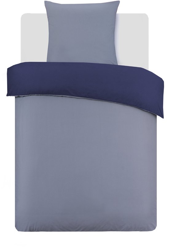 VISION Bicolor - Tweezijdig omkeerbaar Dekbedovertrekset - 100% katoen: zacht en soepel - Eenpersoons - Dekbedovertrek 135 x 200 cm met 1 bijhorende sloop 80 x 80cm - Grijs / Blauw - Oekotex gecertificeerd van VISION — afbeelding 2