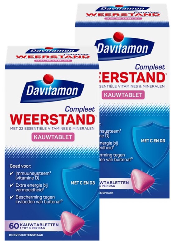 Davitamon Compleet Weerstand Kauwvitamines - Multivitamine - bosvruchten - 2 x 60 tabletten - BUNDEL 2 STUKS