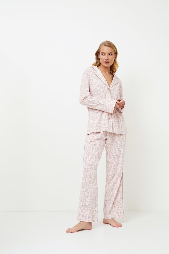 Dames pyjama Lara-lange mouwen-katoen-modal mix-roze met hartjes-maat L