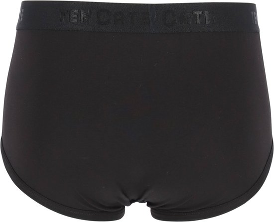 Achterkant van zwarte broek met zwarte tailleband met logo.