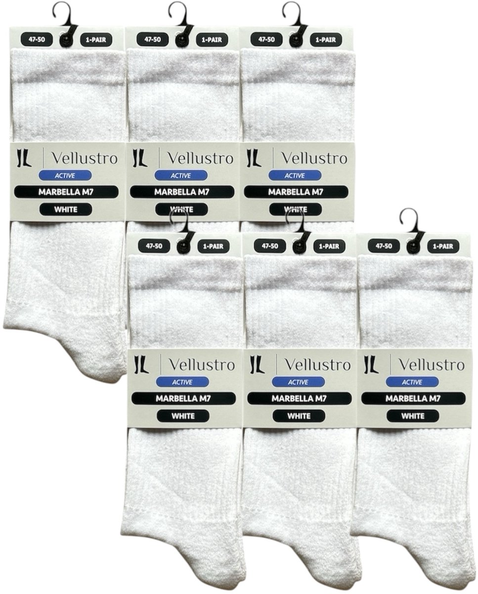 Vellustro® Marbella M7 Tennissokken - 6-Paar - Maat 47-50 - Padel sokken - Sportsokken - Hardloopsokken - Wit - Naadloos - Heren Sportsokken - Meerdere Maten en Kleuren