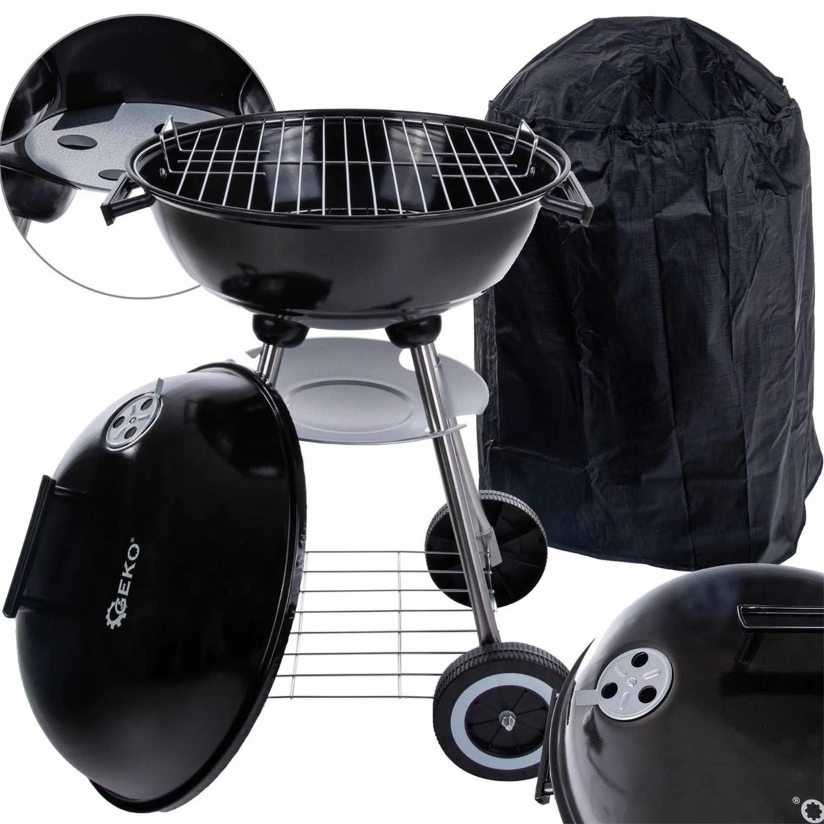GEKO Ronde houtskoolbarbecue - Met deksel - Ø 39 cm rooster - Zwart - Inclusief hoes