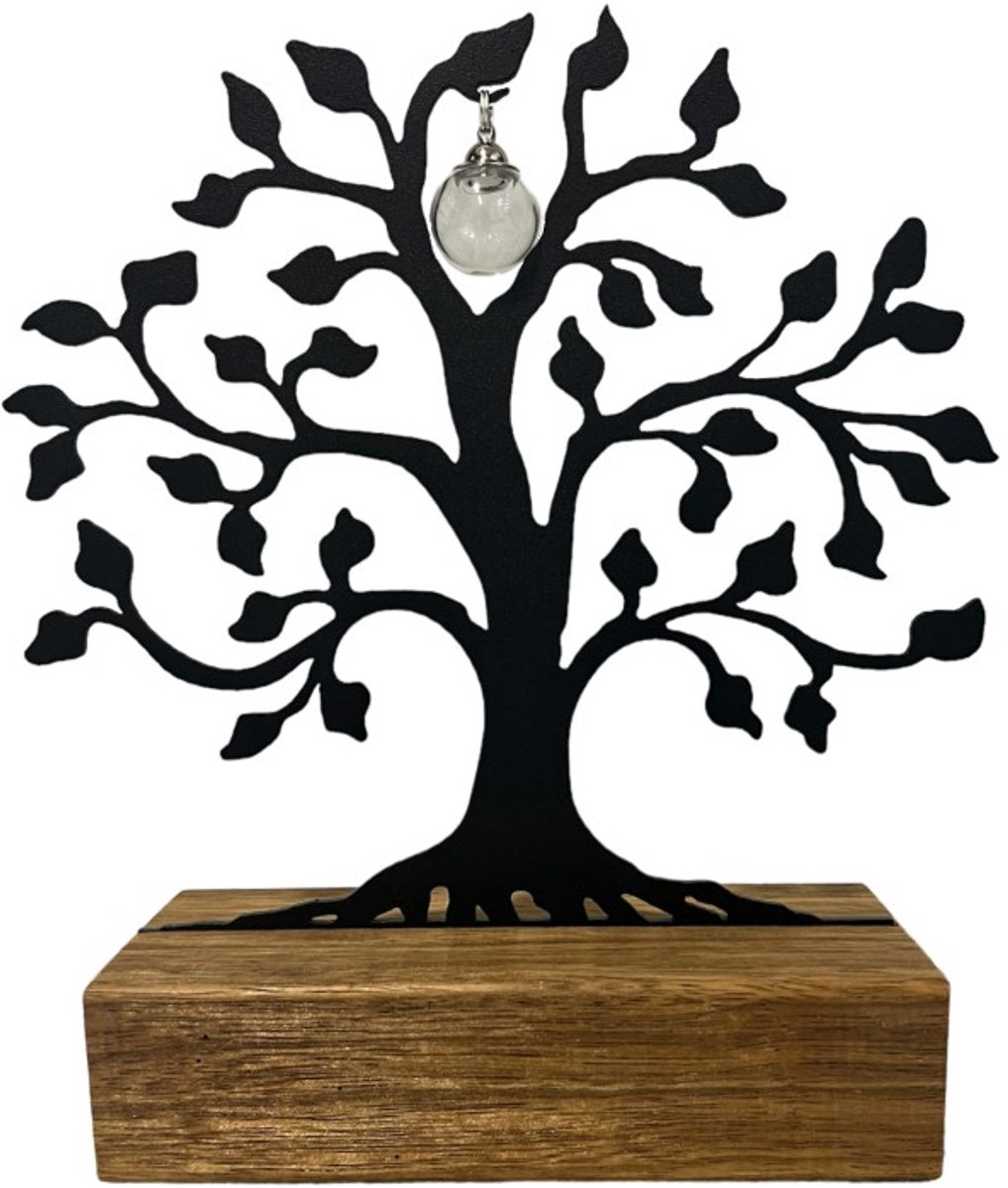 Urne - herinneringsboom - mét glasbol - urn - gemaakt van 2mm staal - houten voet - klein as potje van glas (10ml) in voet - uniek design - urnen - kwaliteit-