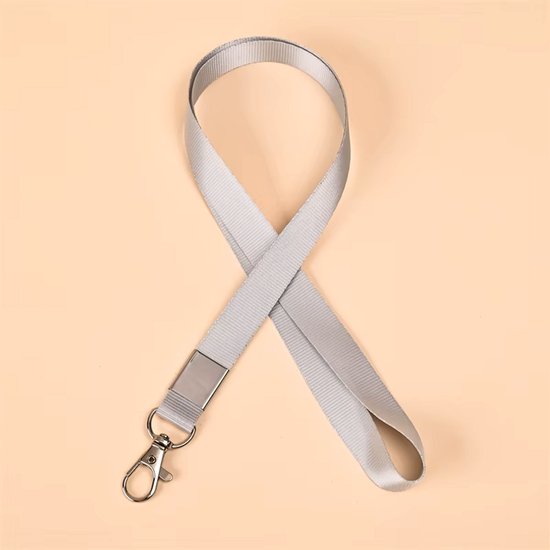 Grijze lanyard met zilverkleurige clip en karabijnsluiting.