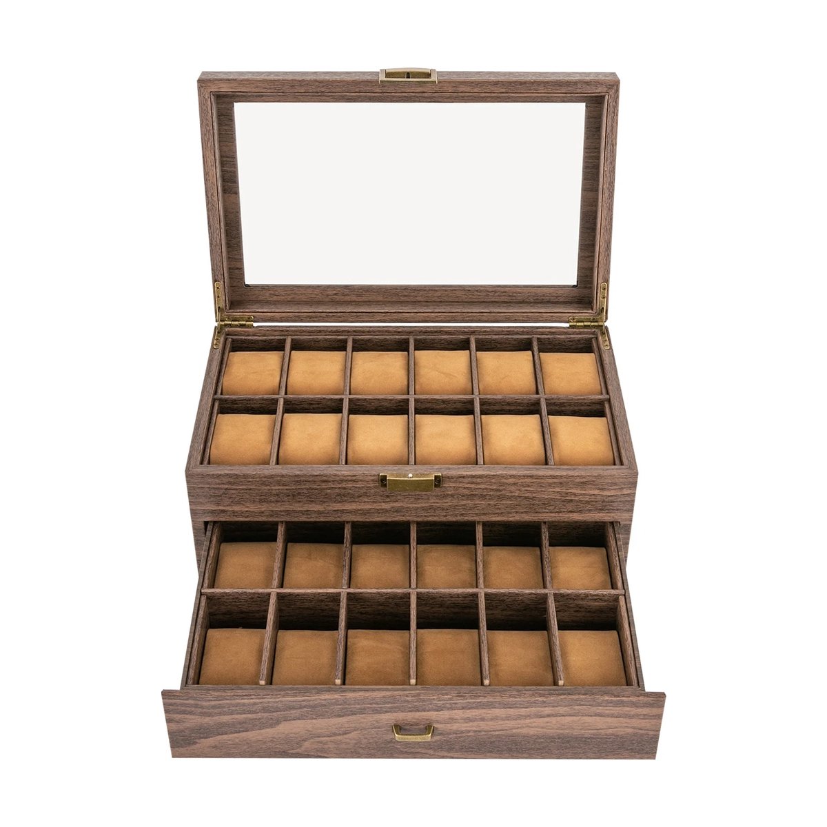 Buylin Horlogedoos - Luxe Horloge Doos - Horloge Box - Organizer - 24 Compartimenten - 2 lagen - Bruin - Met Glazen Deksel