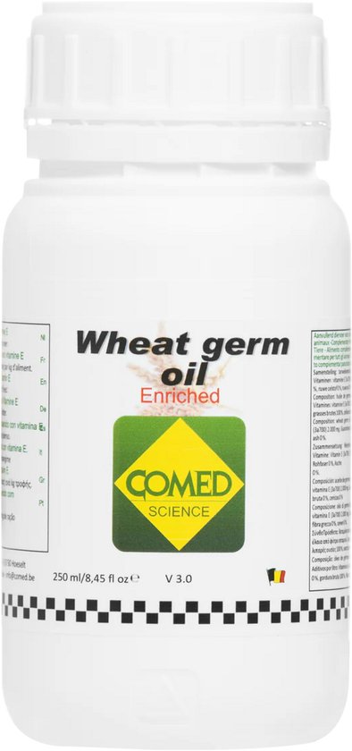 Witte fles met 'Wheat germ oil Enriched' en COMED SCIENCE logo. 250 ml.