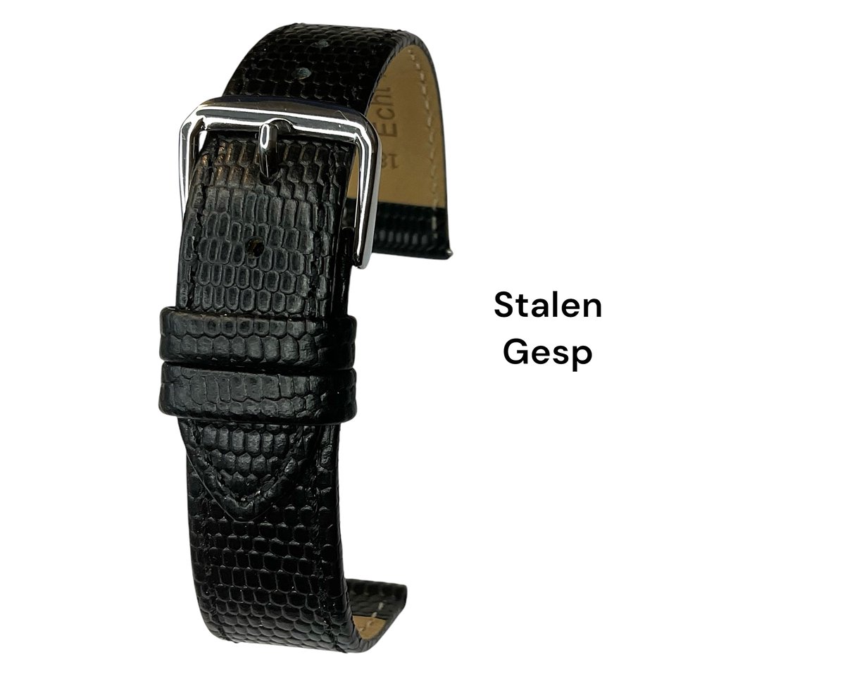 Horlogeband-horlogebandje-20mm-zwart -lizard print-echt leer-plat- stalen gesp-leer-20 mm
