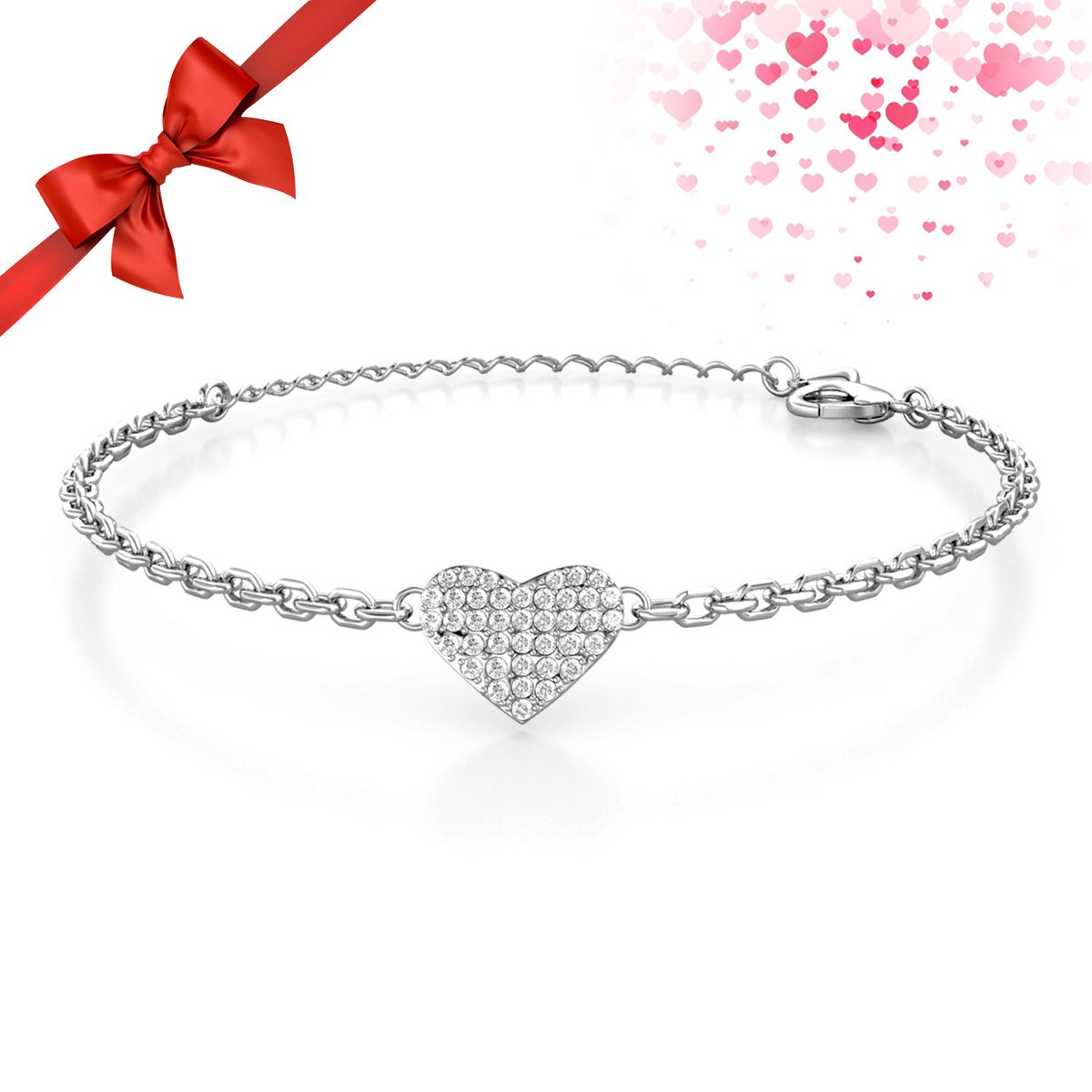 Shoplace Hart armband dames rond met Swarovski® kristallen - Gold plated - Schakelarmband - Cadeau voor vrouw - 20cm - Zilverkleurig