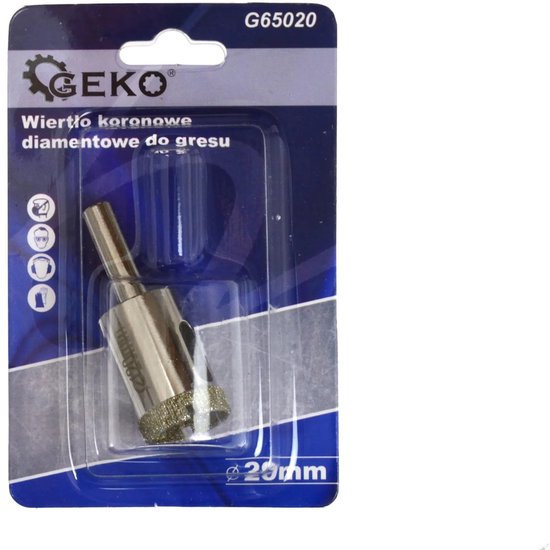 Verpakking met een GEKO diamantboortje G65020, 20mm, voor het boren van tegels.