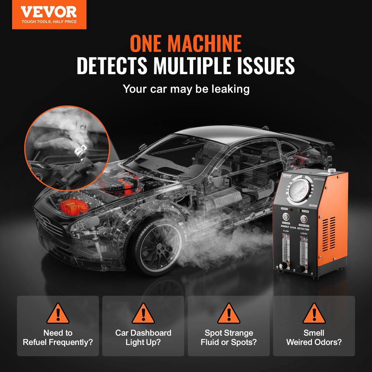 VEVOR lekdetector met rookgenerator voor voertuigen, 12V EVAP vacuümdiagnoseapparaat met geïntegreerde luchtpomp, drukmeter, debietmeter, oliepeilindicator, 2 standen voor auto's, motoren, vrachtwagens, boten en ATV's. thumbnail 6