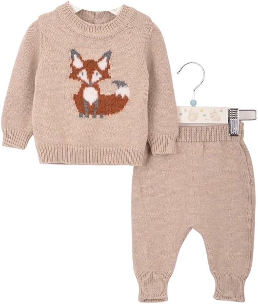Minora Newborn Baby Kleding Set - Jongens en Meisjes - Winterbroek en trui- Kraamcadeau - Babyshower-Newborn tweedelige gestreepte set met vos -Beige-3/6 Maanden- Sinterklaas