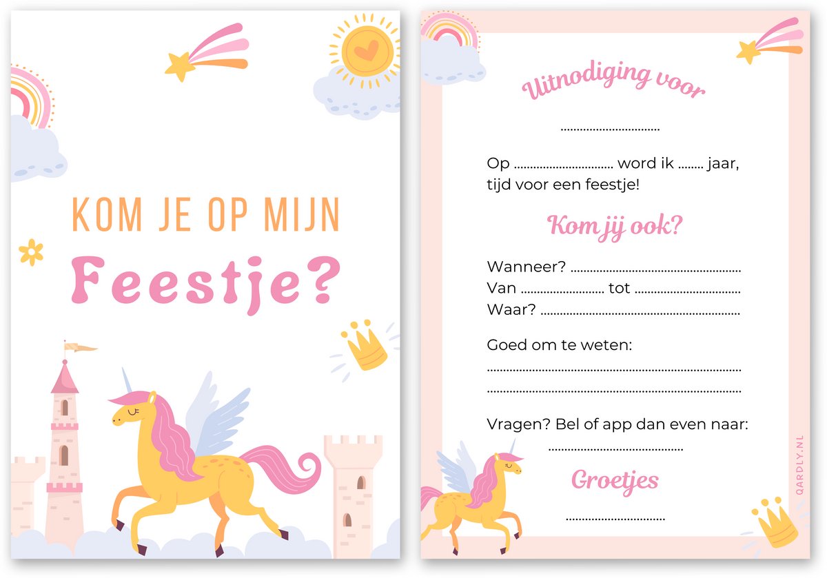 Uitnodiging kinderfeestje unicorn - 10 stuks - Uitnodiging verjaardag - Inclusief enveloppen - Uitnodiging eenhoorn feestje