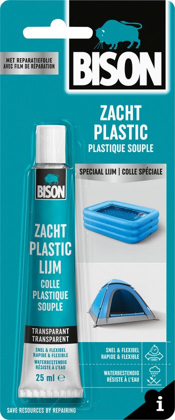 Bison Zacht Plastic tube 25 ml, inclusief reparatiefolie, waterbestendig, transparant, elastisfch, temperatuurbestendig van -15°C tot +70°C, voor o.a. luchtbedden