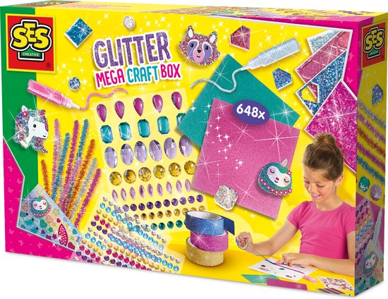 SES Creative - Hobby Pink - Glitter Mega Knutseldoos - Knutselen Meisjes - Incl. Glitterlijm en Diamant Stickers - Vanaf 5 jaar