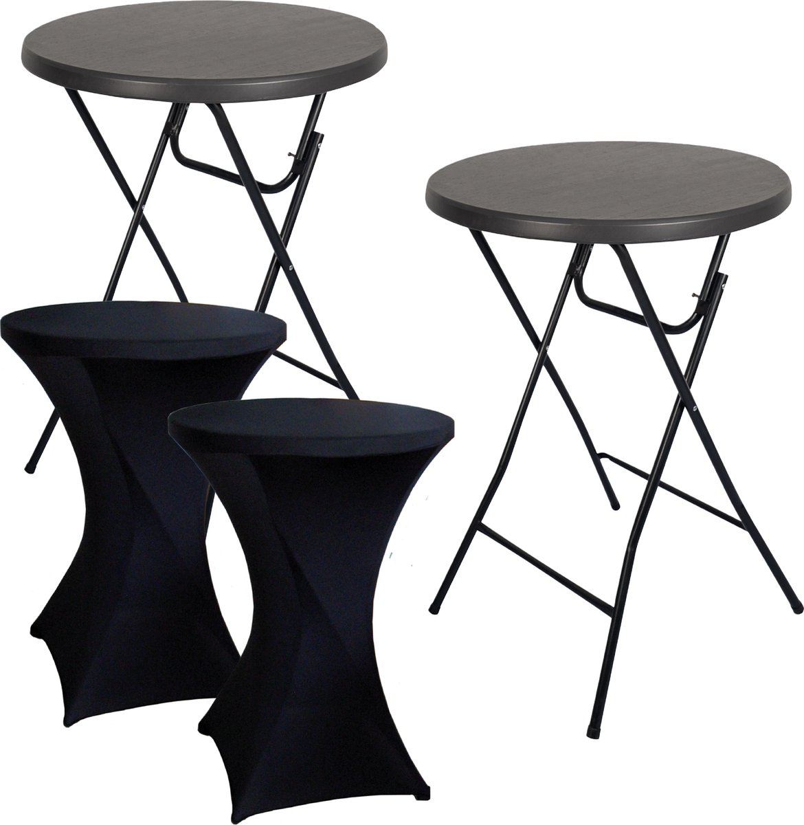 Brasq Statafel Zwart – Ø80 x 110 cm – Set van 2 – Staantafel – Partytafel – Bartafel – Inclusief 2x Zwarte Statafelrok – Voor Binnen en Buiten – Vouwtafel – Inklapbaar – Kunststof en Metaal 2 statafels Zwart + 2 Zwarte statafelrokken