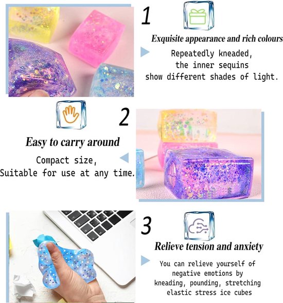 4 Stuks Glitter Ijsblokje Stressbal, Kleurrijk Fidgetspeelgoed in de Vorm van Ijsblokjes Knijpbal Leuke Stresskubus Autisme ADHD Sensorisch Speelgoed voor Volwassenen Kinderen Geschenken