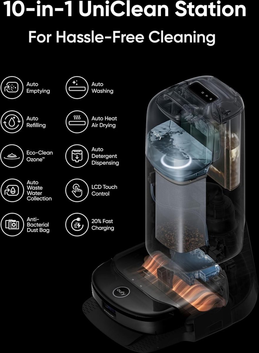 eufy S1 Pro robotstofzuiger met alles-in-één station en dweilfunctie, zelfreinigend met ALWAYS CLEAN MOP™ & Eco Clean Ozon™, 8.000Pa zuigkracht, automatische moplift, intelligente obstakeldetectie — afbeelding 4