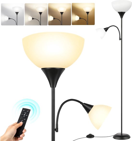 OUTON Dimbare LED Vloerlamp met Leeslamp, 27W/2400LM Uplighter met 7W Leeslamp, 4 Kleurtemperaturen, Afstandsbediening en Touchbediening, 1U Timer, Staande Lamp voor Woonkamer, Slaapkamer, Kantoor