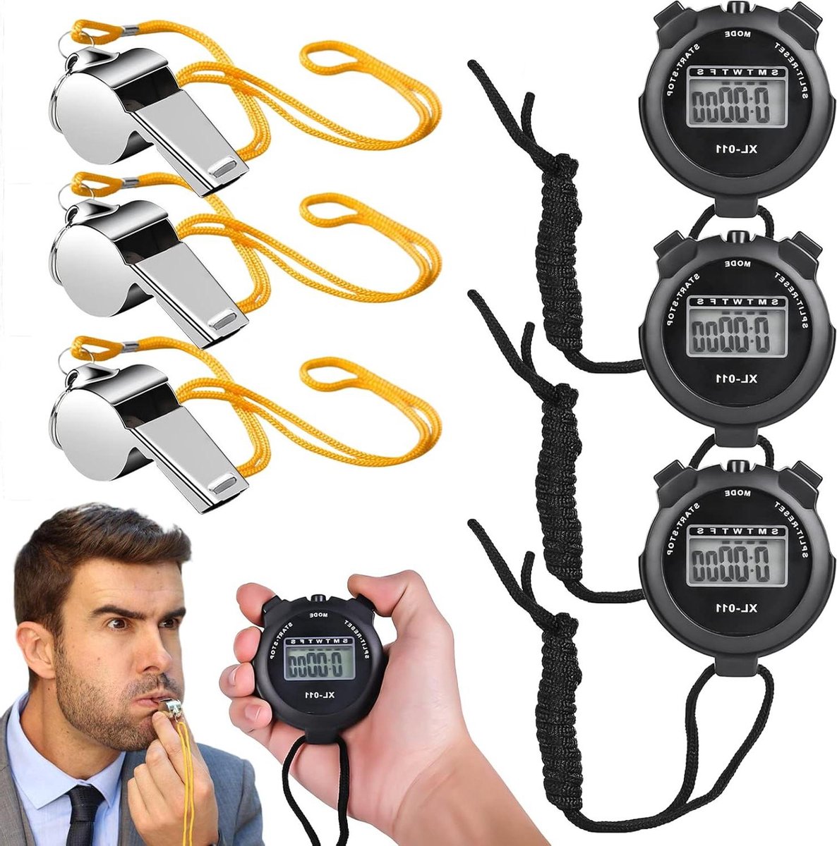 3-delige digitale stopwatch met roestvrijstalen fluitje - draagbare stopwatch met groot display voor scheidsrechters - hardlopen - zwemmen .