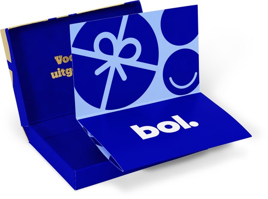 Blauwe cadeaukaart van bol.com met cadeausymbool en lachende gezichtjes. Goudkleurige doos met tekst.