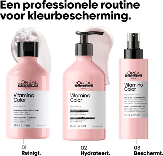 Shampoing, Après-shampoing et Spray sans rinçage Vitamino Color de L'Oréal Professionnel en flacons rose pastel.