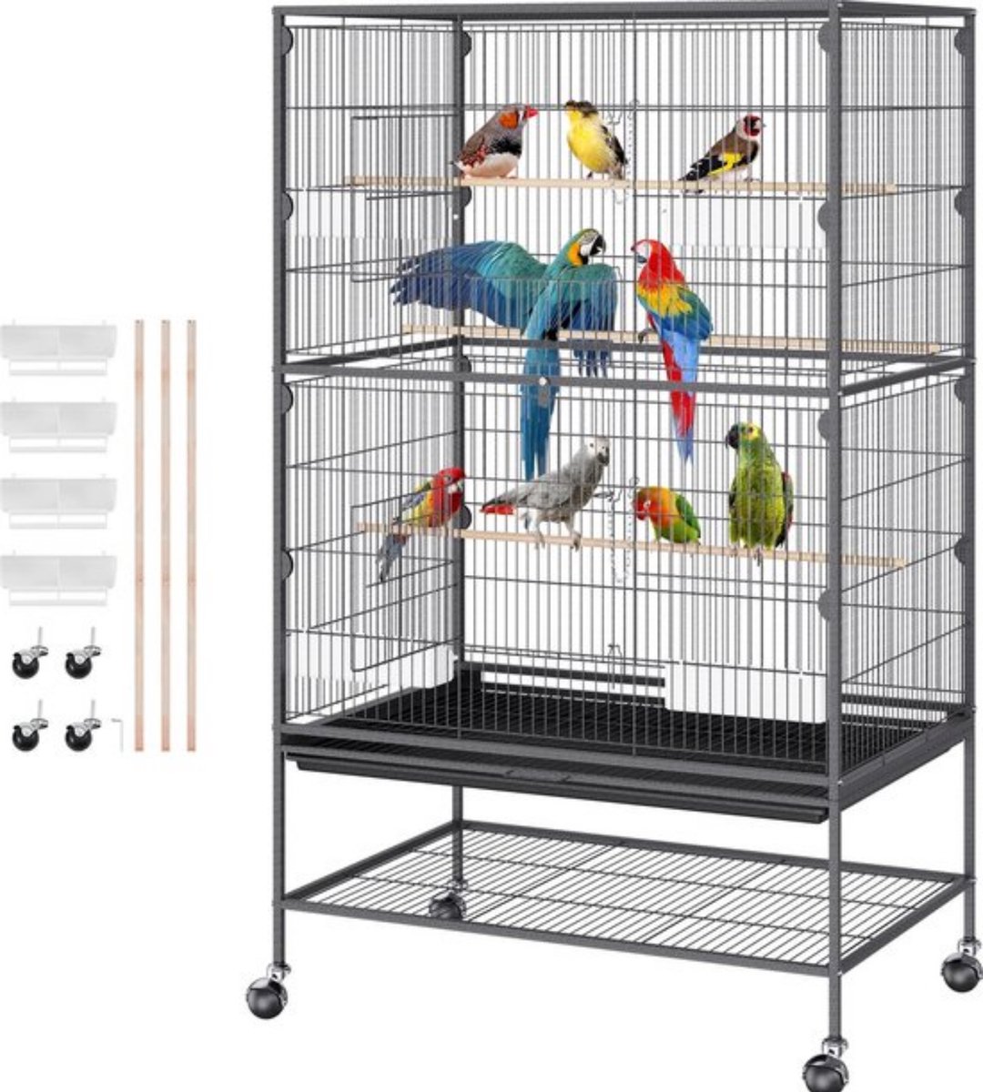 Vrijheid Parkieten Kooi - Vogelkooi met Rollende Standaard - 79x51x132cm - Zwart - Inclusief Dienblad