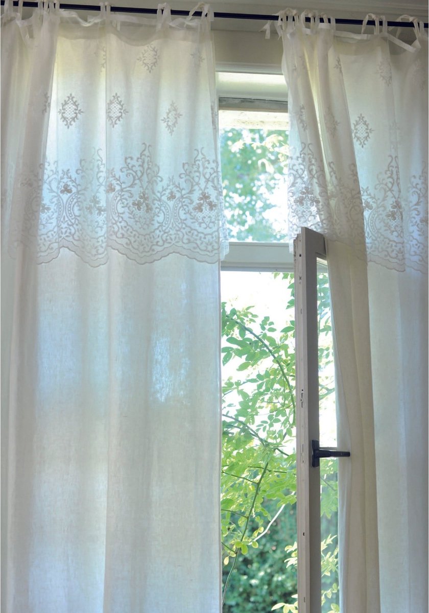 Gordijn | Audrey - Geborduurd Kant - Golvende Rand & Velvet Linten - Gebroken Wit - 160x80 cm - Pimlico