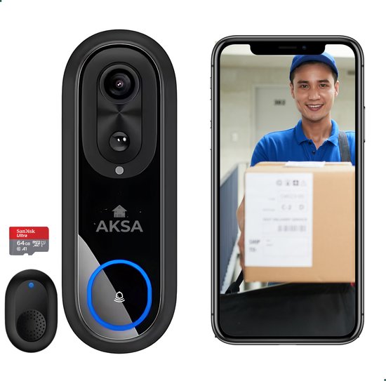 AKSA Home® Video Deurbel met Camera - Slimme Deurbel met app - Inclusief Gong en 64GB SD Kaart - 1080P Full HD
