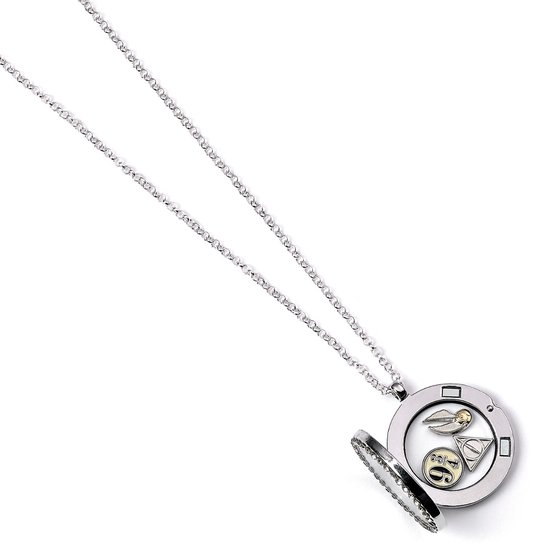 Zilverkleurige locket ketting met '9 3/4', gouden snitch en 'Deathly Hallows'-symbool bedels. De locket is open.
